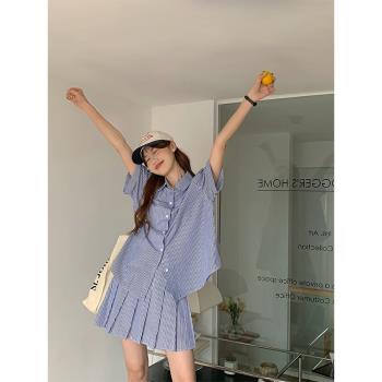 FFITO 藍色條紋短袖襯衫半身裙套裝女夏季韓版襯衣上衣短裙兩件套
