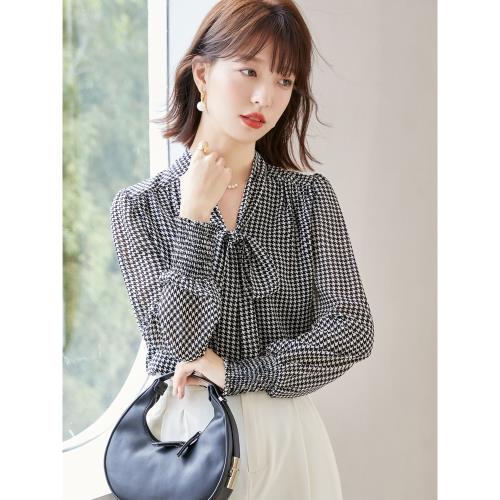 正品白領哥弟新2025秋季高級感法式飄帶千鳥格襯衫長袖襯衣上衣