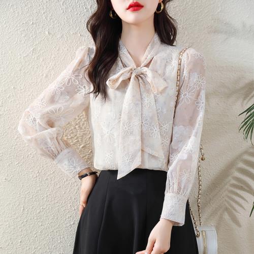 白領哥弟新女裝2025春季時尚V領減齡洋氣蝴蝶結雪紡長袖襯衫女