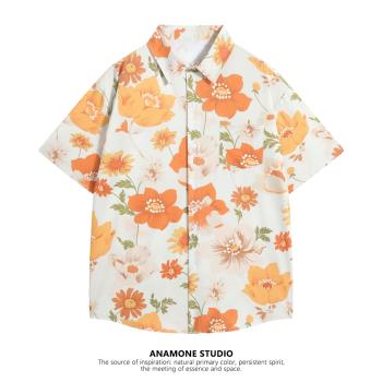 橙色襯衫短袖寬松bf風上衣花朵