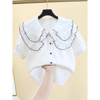 白色短袖襯衫女設計感小眾夏季新款甜美氣質娃娃領寬松法式上衣