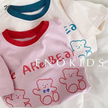 兒童日系三只熊純棉T恤2023男女童韓版寬松撞色可愛印花短袖洋氣