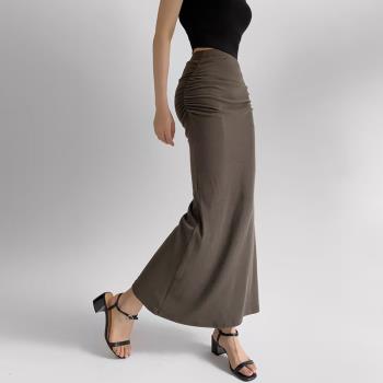 歐美小眾人魚設計高腰半身裙 彈力褶皺魚尾長裙 女夏季性感包臀裙