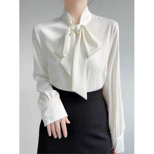 高級感醋酸緞面白色襯衫女飄帶蝴蝶結設計感小眾面試職業內搭襯衣