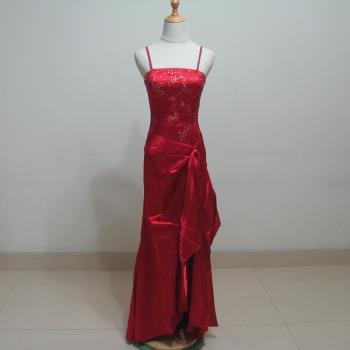 深紅色緞面喜慶大氣重工釘珠復古修身包臀顯瘦女晚裝禮服長裙演出