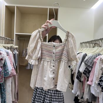 夏季個性設計感甜美條紋泡泡短袖韓國東大門棉麻方領單排扣襯衣女