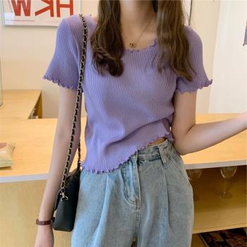 紫色針織短袖t恤女夏季2022新款設計感小眾短款打底衫木耳邊上衣