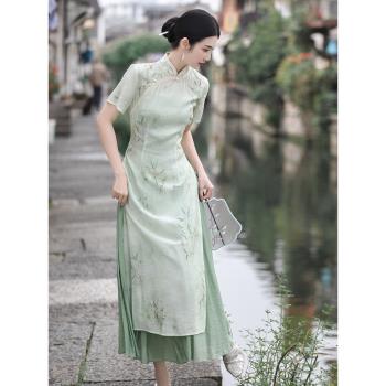 復古中國風女裝新中式綠色改良旗袍女夏少女年輕款高級感日常裙子