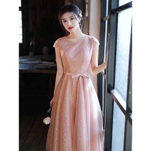 粉色晚禮服女中長新款宴會氣質高級感主持人連衣裙平時可穿秋冬季