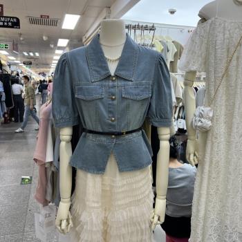 夏季韓版新款復古個性泡泡短袖韓國東大門Polo領單排扣牛仔襯衣女