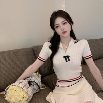 韓版女裝2023新款小香風針織polo領正肩上衣短袖短T恤miu系套裝夏