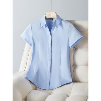 藍色襯衫女夏季職業裝正裝氣質面試套裝工裝前臺工作服短袖白襯衣