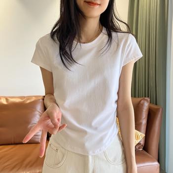別致圓領棉質弧形下擺白色t恤女短袖夏季新款韓版修身顯瘦上衣潮