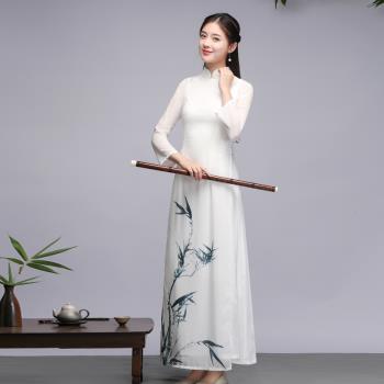 春秋季中國風復古仙氣奧黛旗袍改良版禪舞茶服雙層手繪竹葉連衣裙