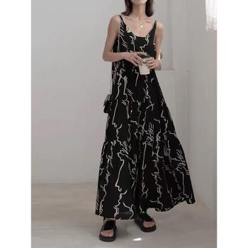 夏季抽象韓版復古長款大擺吊帶裙