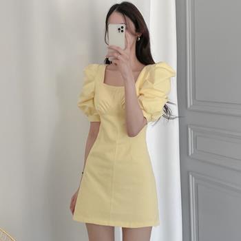 褶皺韓國chic奶油黃顯瘦連衣裙