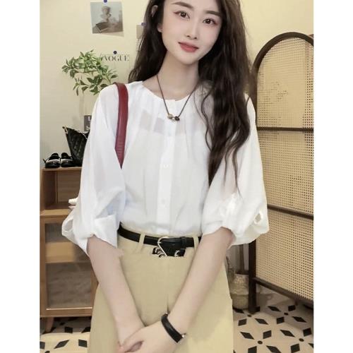 法式高級感褶皺雪紡襯衫夏季輕薄透氣遮肚顯瘦襯衣圓領中袖上衣女