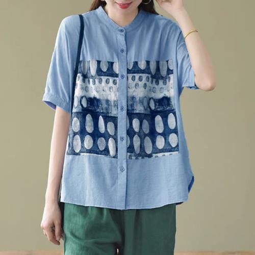 2024夏季新款復古貼布提花棉麻小衫大碼襯衫立領短袖襯衣女士上衣