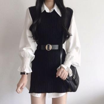 復古chic春秋氣質設計感小眾襯衫兩件套裝女不規則收腰針織連衣裙