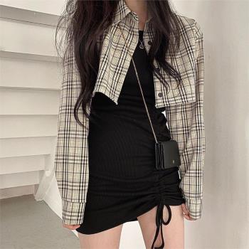韓風chic復古簡約短款長袖格子襯衫外套+修身抽繩吊帶連衣裙女春