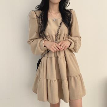 韓國chic春秋法式小眾中長款小個子寬松娃娃裙泡泡袖方領連衣裙女