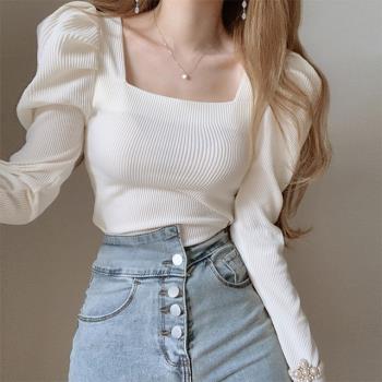 韓國chic春秋復古東大門泡泡袖方領長袖T恤女修身顯瘦打底衫上衣