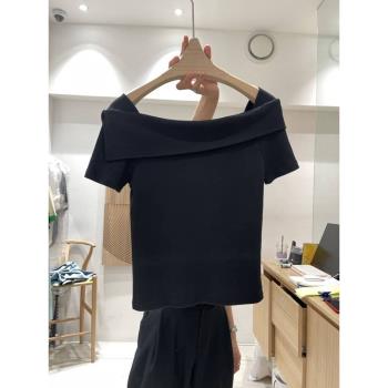 一字領短袖t恤女設計感韓國東大門2023夏季新款純色簡約百搭上衣