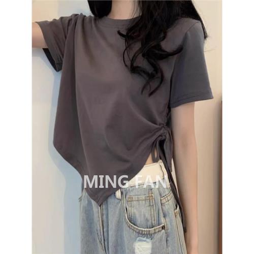 2025新款夏季女裝體桖顯瘦開叉短袖小眾上衣辣妹短款T恤衣服爆款