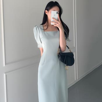 chic韓國顯瘦方領壓褶開叉連衣裙