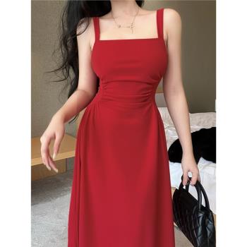 instahot 紅色性感御姐風方領吊帶連衣裙腰部縮褶輕奢宴會禮服裙