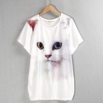 大版貓咪可愛印花中長蝙蝠袖T恤
