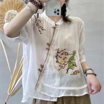 中式苧麻襯衫上衣輕薄斜襟刺繡