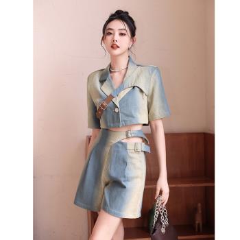 Toba美式復古辣妹短款牛仔西裝上衣闊腿短褲兩件套裝女網紅炸街夏
