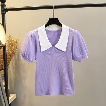 泡泡袖polo翻領T恤女夏新款設計感顯瘦減齡針織冰絲大碼短袖上衣