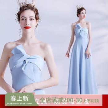 【天使嫁衣】藍色蝴蝶結晚宴年會生日藝考主持人婚紗晚禮服16089