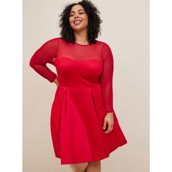 200斤plus size大碼女裝胖MM歐美出口單收腰顯瘦紅色連衣裙夏裝