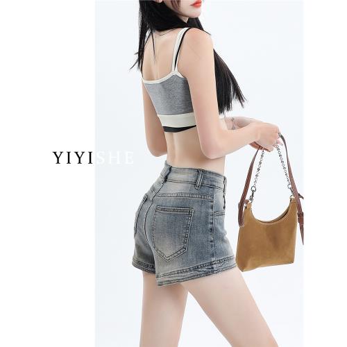 辣妹復古緊身牛仔短褲女夏季薄款2023新款高腰a字彈力超短熱褲子