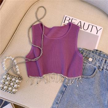 紫色多巴胺針織背心女夏季設計感重工流蘇小吊帶短款外穿上衣無袖