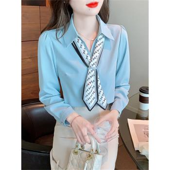 法式春秋季藍色領帶職業長袖襯衫