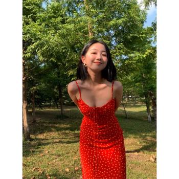 氣質復古方領紅色碎花連衣裙女夏季甜美系帶設計修身顯瘦吊帶長裙