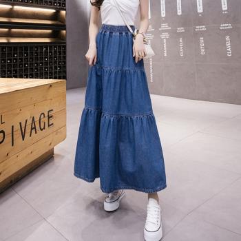 韓版大碼藍色寬松中長款半身裙