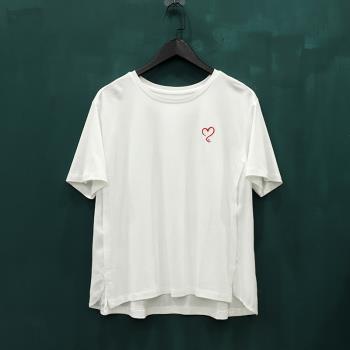 薄款拼接女士T恤夏季外貿新款時尚韓版愛心圖案圓領純色寬松體恤