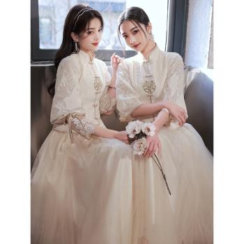 姐妹團香檳色中式旗袍冬季伴娘服