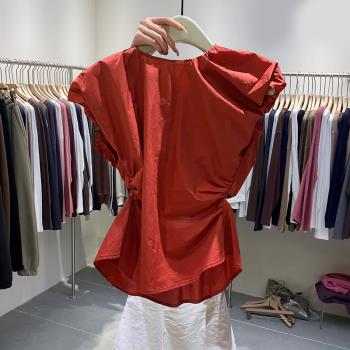 十三行夏裝設計感圓領露背褶皺修身氣質紅色別致套頭襯衫上衣女