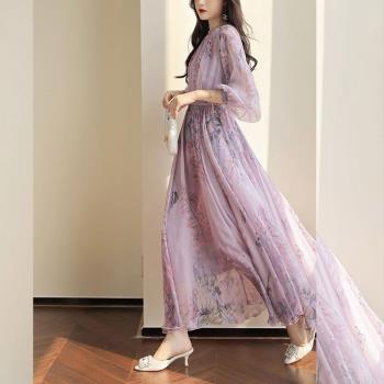 時尚高級感2023年新款夏季女裝法式設計氣質印花真絲長款連衣裙女