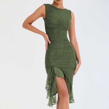 Sexy tight-fitting backless pleated mid-length sk 褶皺中長裙