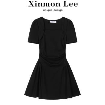 XinmonLee高級感法式黑色赫本風氣質連衣裙子夏季女收腰顯瘦短裙