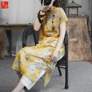 23夏苧麻印花中式連衣裙短袖旗袍