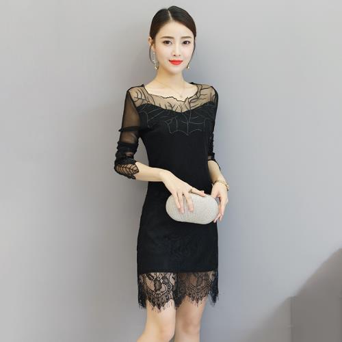 2024春秋新款修身顯瘦氣質打底裙時尚長袖包臀冬天內搭蕾絲連衣裙