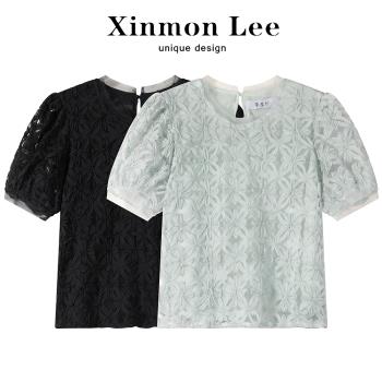 XinmonLee別致獨特氣質泡泡袖網紗襯衫短款上衣女夏法式小眾設計
